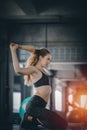 Portrait young attractive healthy woman body curve fitness doing exercises workout with ball in gym. People beauty perfect body Royalty Free Stock Photo