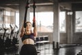 Portrait young attractive healthy woman body curve fitness doing exercises workout with ball in gym. Royalty Free Stock Photo