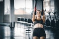 Portrait young attractive healthy woman body curve fitness doing exercises workout with ball in gym. Royalty Free Stock Photo