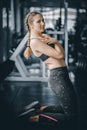 Portrait young attractive healthy woman body curve fitness doing exercises workout with ball in gym. Royalty Free Stock Photo