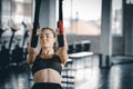 Portrait young attractive healthy woman body curve fitness doing exercises workout with ball in gym. Royalty Free Stock Photo