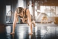 Portrait young attractive healthy woman body curve fitness doing exercises workout with ball in gym. Royalty Free Stock Photo