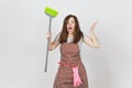 Portrait of young attractive smiling brunette caucasian housewife on white background. Beautiful housekeeper woman