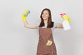 Portrait of young attractive smiling brunette caucasian housewife on white background. Beautiful housekeeper woman Royalty Free Stock Photo