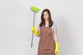 Portrait of young attractive smiling brunette caucasian housewife on white background. Beautiful housekeeper woman Royalty Free Stock Photo