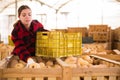 Woman farmer sorting fresh pumpkins