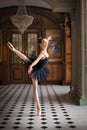 Portrait of a young ballerina on pointe shoes in a black swimsuit, tutu and pointe shoes Royalty Free Stock Photo