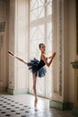 Portrait of a young ballerina on pointe shoes in a black swimsuit, tutu and pointe shoes Royalty Free Stock Photo