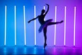 Portrait of a young ballerina on pointe shoes in a white tutu against background of bright neon lights. A young graceful Royalty Free Stock Photo