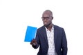 Portrait of a young bearded businessman holding a folder, speaking Royalty Free Stock Photo