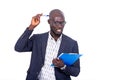 Portrait of a young bearded businessman holding a folder, thoughtful Royalty Free Stock Photo