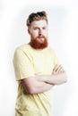 Portrait of young bearded hipster guy smiling on white background closeup isolated, lifestyle people concept Royalty Free Stock Photo