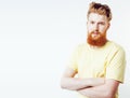 Portrait of young bearded hipster guy smiling on white background close up isolated, lifestyle real modern people