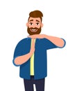 Portrait of young bearded man showing time out hand gesture. Trendy person making stop sign with hands. Male character design. Royalty Free Stock Photo