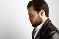 Portrait Young Bearded Man Wearing Stylish Shirt Black Leather Jacket.Beauty,Lifestyle,People Concept Photo.Adult