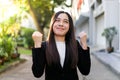 Portrait of Young beautiful Asian business woman felling happy or success working