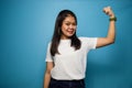 Portrait of Young beautiful asian women wearing white T-shirt with blue  background Royalty Free Stock Photo