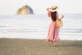 Portrait young beautiful asian woman walk smile and happy on the beach sea and ocean Royalty Free Stock Photo