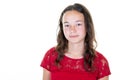 Portrait of young beautiful brunette girl smiling looking at camera aside copy space over white background Royalty Free Stock Photo