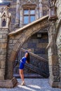 Portrait young beautiful brunette woman in blue dress posing against the backdrop of an old castle in the Gothic style Royalty Free Stock Photo