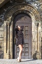 Portrait young beautiful brunette woman in dress posing against the backdrop of an old castle in the Gothic style Royalty Free Stock Photo