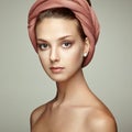 Portrait young beautiful brunette woman with elegant headdress Royalty Free Stock Photo