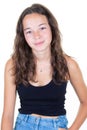 Portrait of young beautiful caucasian girl teen in black t-shirt cheerful smile looking at camera in Studio photo white background Royalty Free Stock Photo