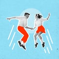 Portrait of young beautiful couple, man and woman, dancing retro dance, jumping over blue background. Contemporary art Royalty Free Stock Photo