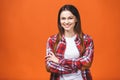 Portrait of young beautiful cute cheerful girl smiling looking at camera over white background Royalty Free Stock Photo