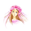 Portrait of a young beautiful girl with blue eyes,in a pink dress and a wreath of flowers on her head. Watercolor illustration Royalty Free Stock Photo