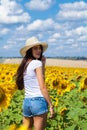 Portrait of a young beautiful girl in a field of sunflowers Royalty Free Stock Photo