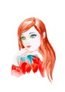 Portrait of a young beautiful girl with red long hair and big green eyes close-up. Holding red tulips. Watercolor illustration Royalty Free Stock Photo