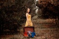 Portrait of a young beautiful girl in retro dress with a vintage suitcase in hand