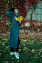 Portrait of a young beautiful girl with a smile on her face in an autumn park against a background of colorful leaves. A girl with Royalty Free Stock Photo