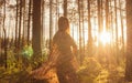 Portrait of young beautiful girl in summer dress in forest that dancing Royalty Free Stock Photo