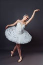 Portrait of young beautiful graceful caucasian ballerina practice ballet positions in tutu skirt of white swan from Swan Lake. Royalty Free Stock Photo