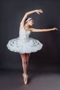 Portrait of young beautiful graceful caucasian ballerina practice ballet positions in tutu skirt of white swan from Swan Lake. Royalty Free Stock Photo