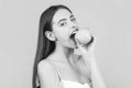 Woman eat green apple. Portrait of young beautiful happy smiling woman with green apples. Healthy diet food. Stomatology Royalty Free Stock Photo