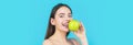 Portrait of young beautiful happy smiling woman with green apples. Healthy diet food. Stomatology concept. Woman with Royalty Free Stock Photo