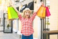 Portrait of young happy smiling woman with shopping bags Royalty Free Stock Photo