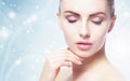 Portrait of young, beautiful and healthy woman: over winter background. Healthcare, spa, makeup and face lifting concept Royalty Free Stock Photo