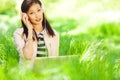 Portrait of young beautiful hipster girl in stylish trendy jacket sitting in green grass and using laptop computer with headphones Royalty Free Stock Photo