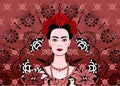 Portrait of the young beautiful mexican woman with a traditional hairstyle. Mexican earrings, crown of flowers and red flowers,