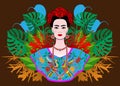 Portrait of the young beautiful Mexican woman with a traditional hairstyle. Mexican jewels, crown of flowers and red flowers