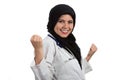 Portrait of young beautiful muslim female doctor celebrating success Royalty Free Stock Photo