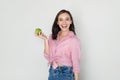 Portrait young beautiful sexy woman holding green apple, copy space Royalty Free Stock Photo