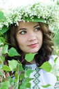 Portrait of a young beautiful in traditional Ukrainian embroidered shirt and a wreath of lilies of the valley Royalty Free Stock Photo