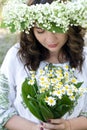 Portrait of a young beautiful in traditional Ukrainian embroidered shirt and a wreath of lilies of the valley Royalty Free Stock Photo