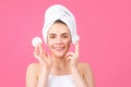 Portrait of young beautiful woman after bath. Beauty face of lady apply cleansing lotion to make her skin clear clean Royalty Free Stock Photo