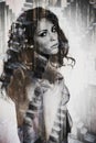 Portrait of young beautiful woman double exposure Royalty Free Stock Photo